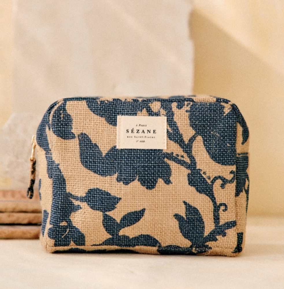 Sézane Floral Toiletry Bag - Blue and Cream